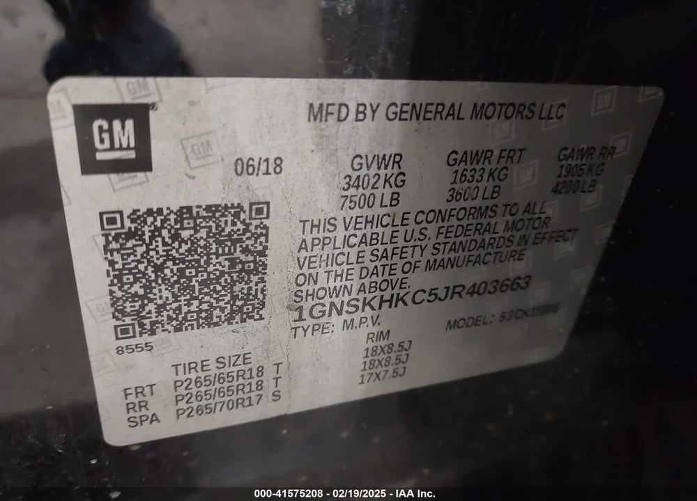 2018 CHEVROLET SUBURBAN LT VIN: 1GNSKHKC5JR403663