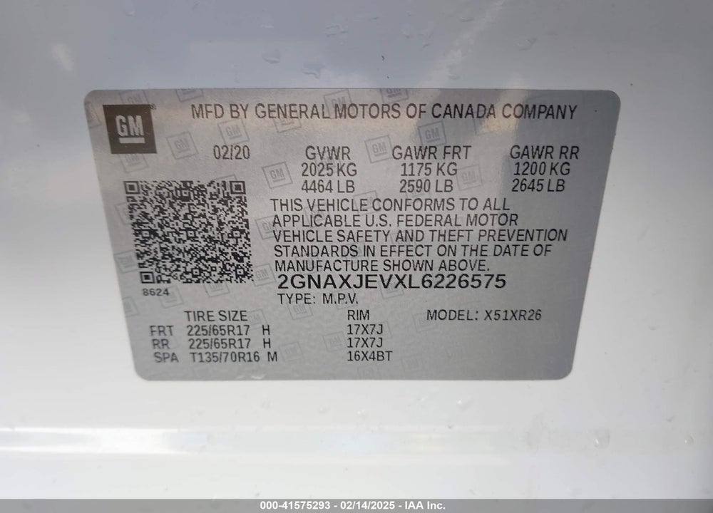 2020 CHEVROLET EQUINOX VIN: 2GNAXJEVXL6226575