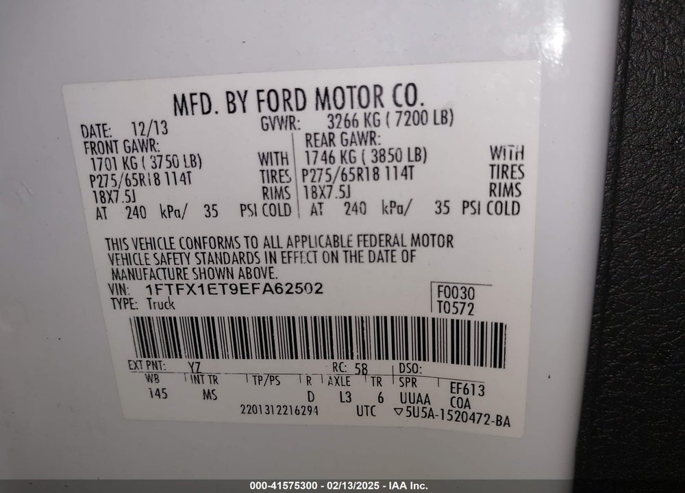 2014 FORD F150 VIN: 1FTFX1ET9EFA62502