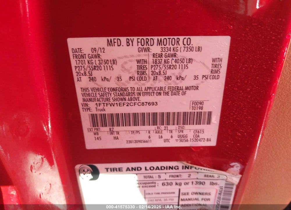 2012 FORD F-150 VIN: 1FTFW1EF2CFC87693