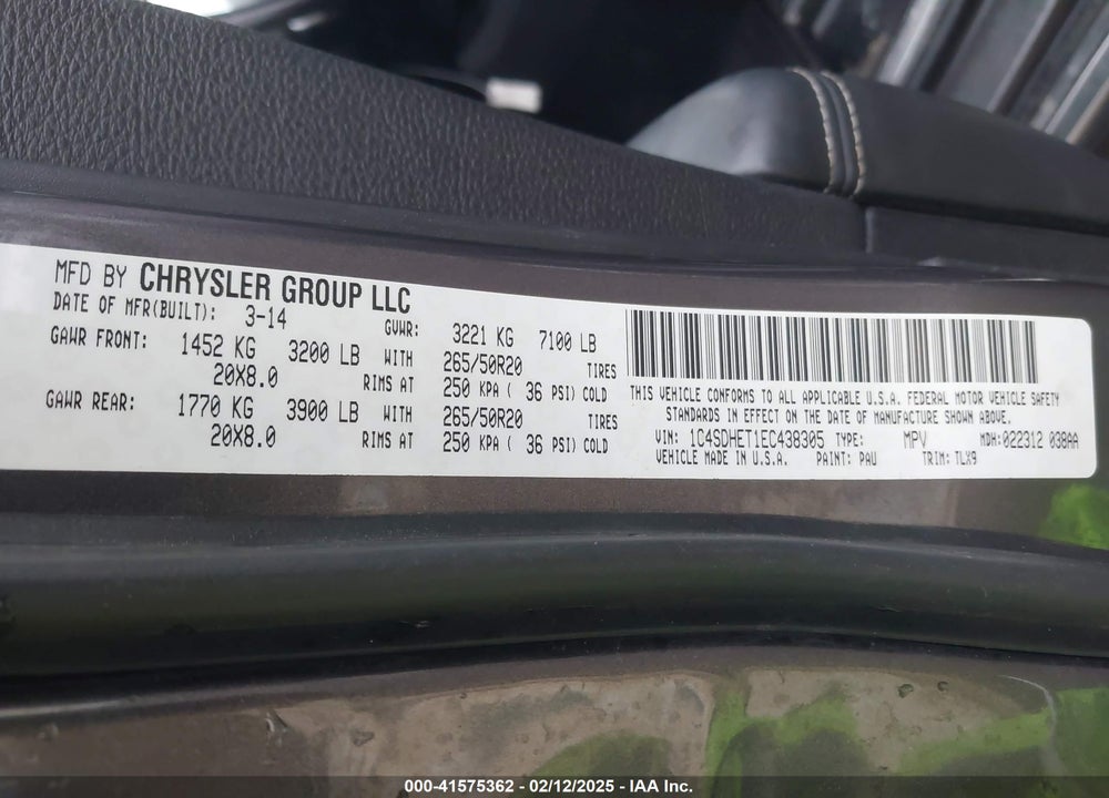 2014 DODGE DURANGO CITADEL VIN: 1C4SDHET1EC438305