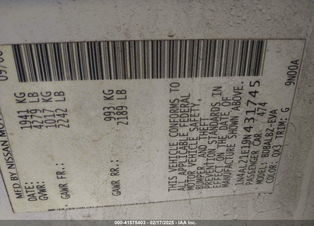 2009 NISSAN ALTIMA 2.5 S VIN: 1N4AL21E19N431745