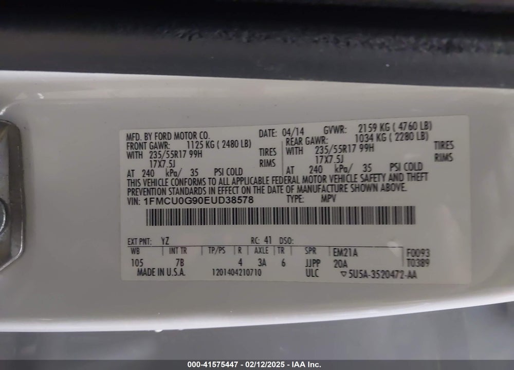 2014 FORD ESCAPE VIN: 1FMCU0G90EUD38578