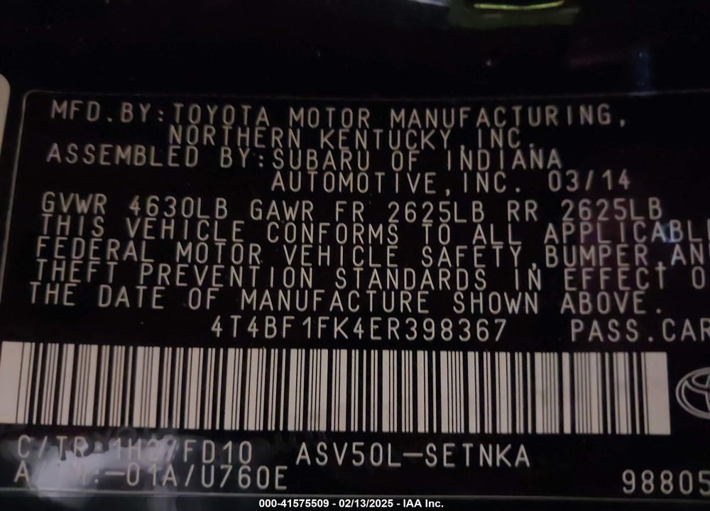 2014 TOYOTA CAMRY VIN: 4T4BF1FK4ER398367