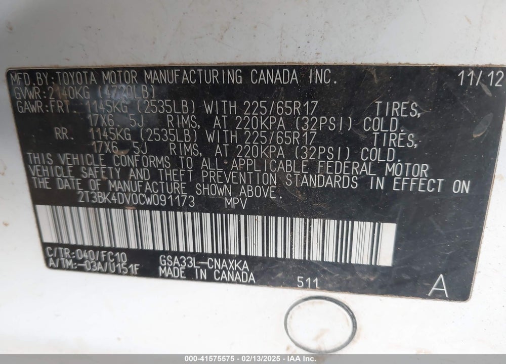 2012 TOYOTA RAV4 BASE V6 VIN: 2T3BK4DV0CW091173