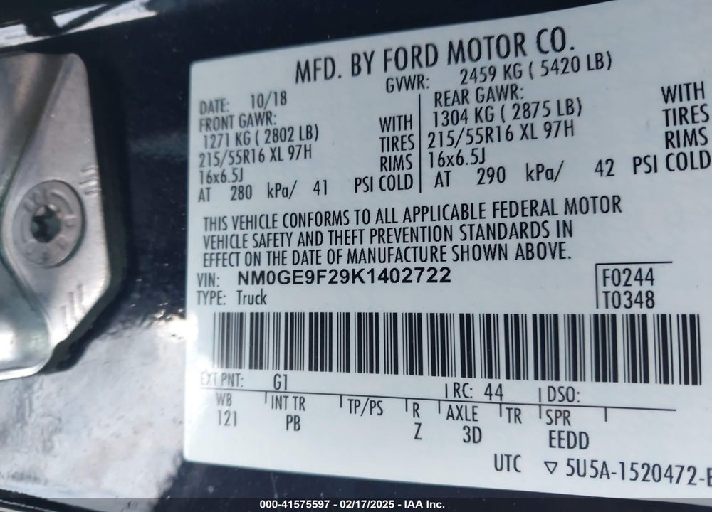 2019 FORD TRANSIT CONNECT VIN: NM0GE9F29K1402722