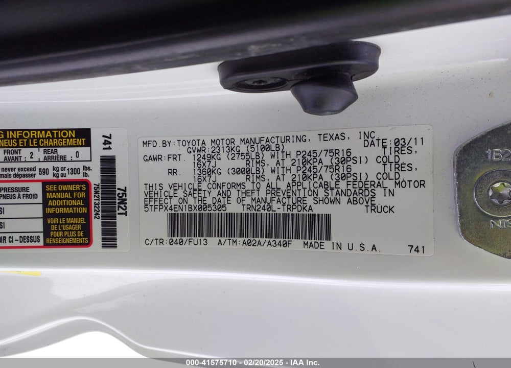 2011 TOYOTA TACOMA VIN: 5TFPX4EN1BX005305