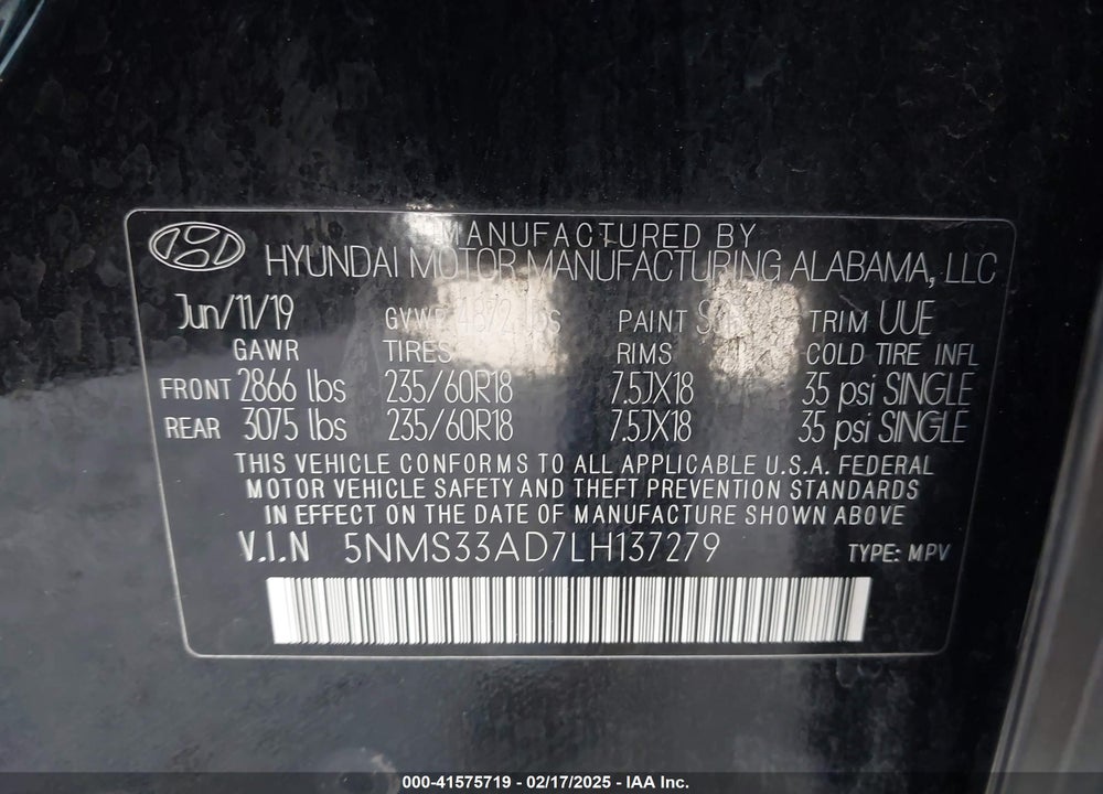 2020 HYUNDAI SANTA FE SEL VIN: 5NMS33AD7LH137279