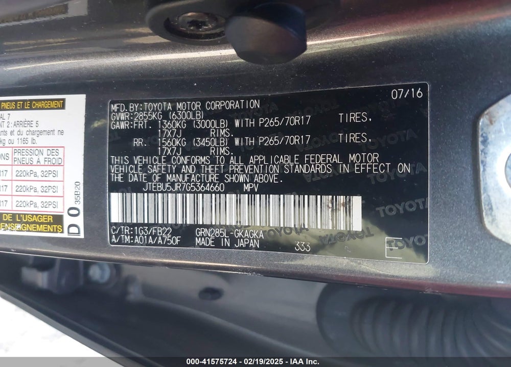 2016 TOYOTA 4RUNNER SR5 VIN: JTEBU5JR7G5364660