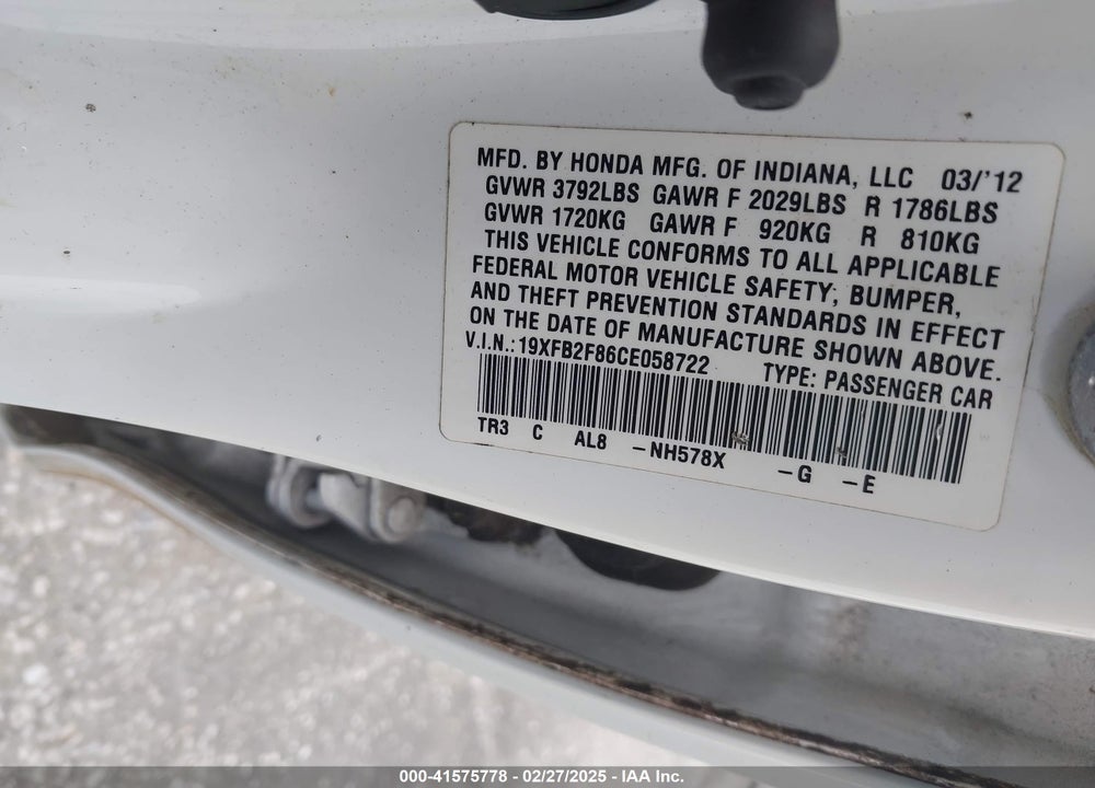 2012 HONDA CIVIC VIN: 19XFB2F86CE058722