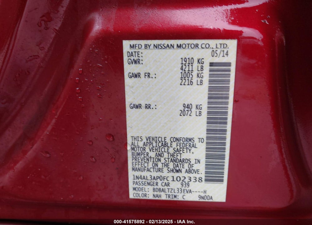 2015 NISSAN ALTIMA VIN: 1N4AL3AP0FC102338
