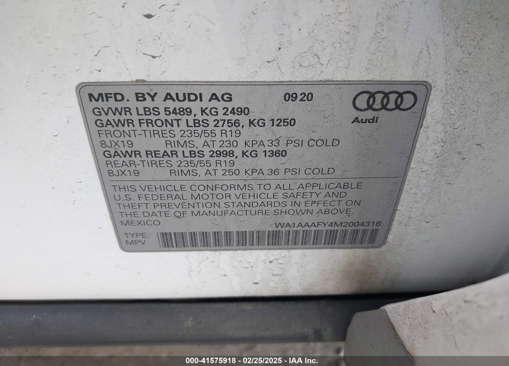 2021 AUDI Q5 VIN: WA1AAAFY4M2004318