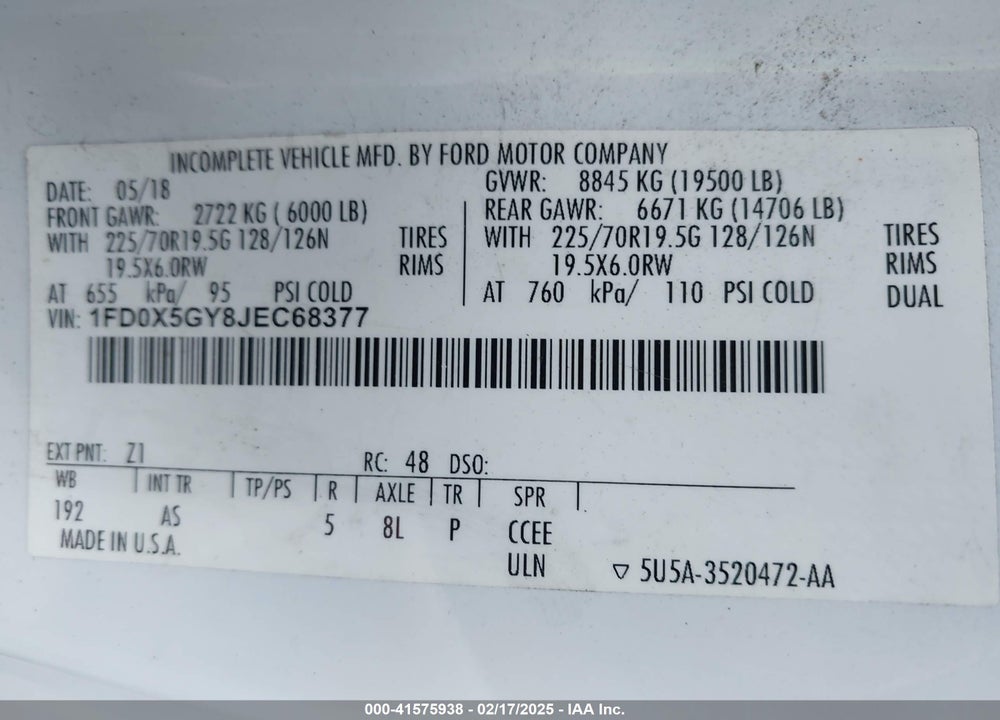 2018 FORD F-550 CHASSIS XL VIN: 1FD0X5GY8JEC68377