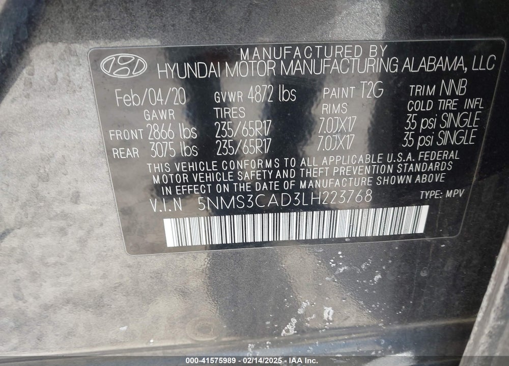 2020 HYUNDAI SANTA FE SEL VIN: 5NMS3CAD3LH223768
