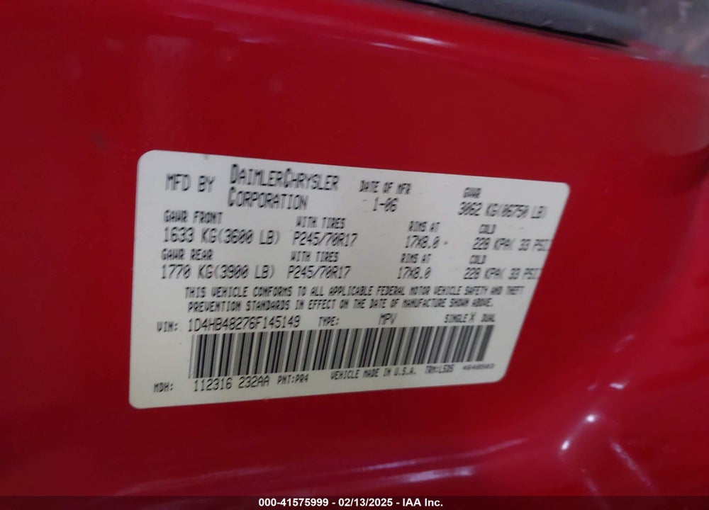2006 DODGE DURANGO VIN: 1D4HB48276F145149
