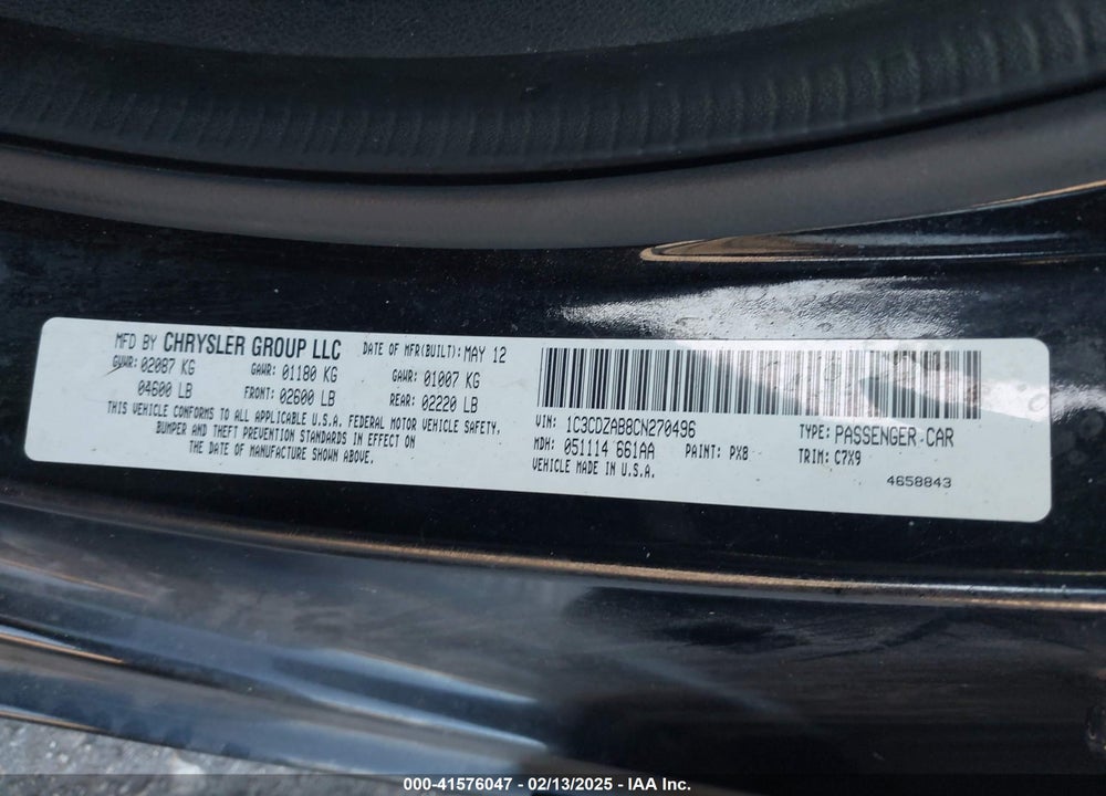 2012 DODGE AVENGER VIN: 1C3CDZAB8CN270496