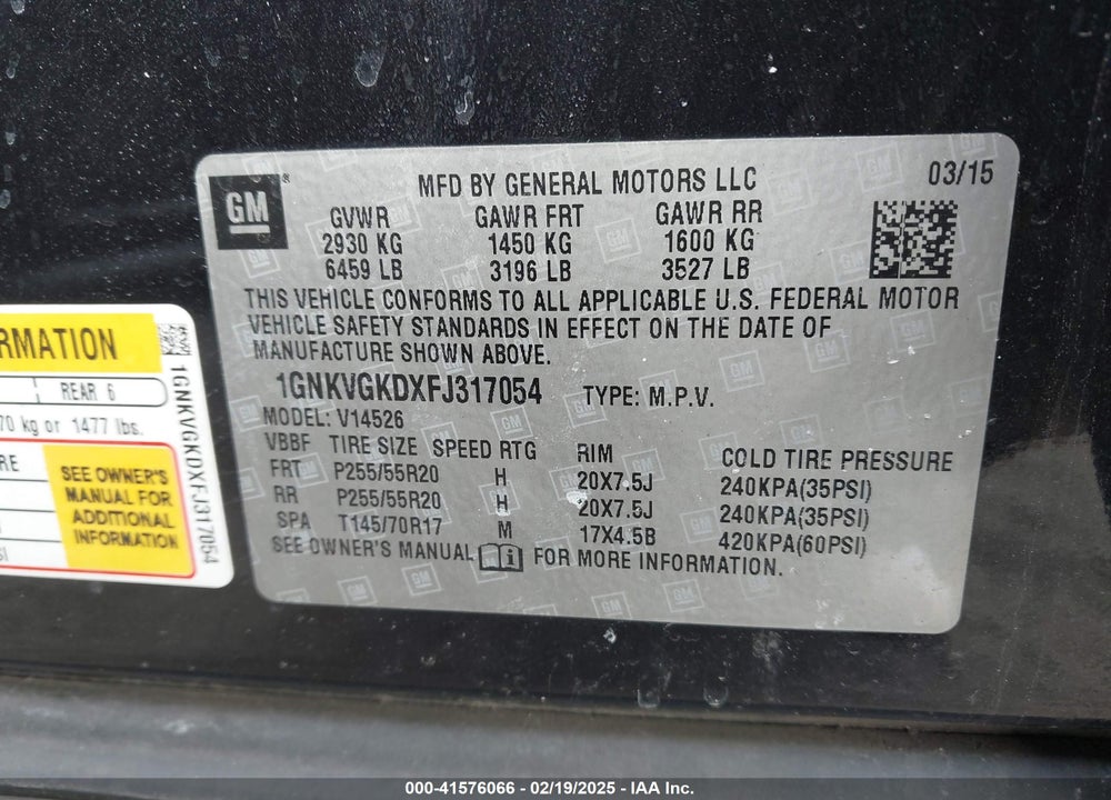 2015 CHEVROLET TRAVERSE 1LT VIN: 1GNKVGKDXFJ317054