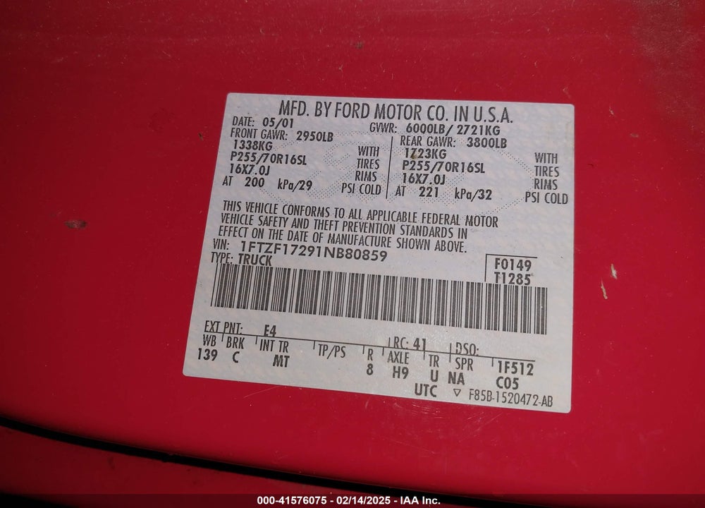 2001 FORD F-150 VIN: 1FTZF17291NB80859