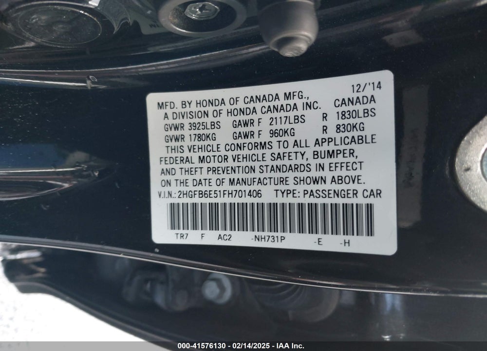 2015 HONDA CIVIC VIN: 2HGFB6E51FH701406
