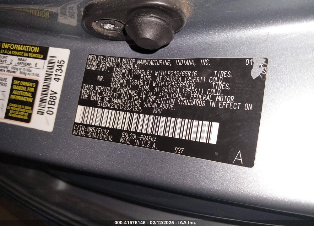 2007 TOYOTA SIENNA LE VIN: 5TDZK23C17S021935
