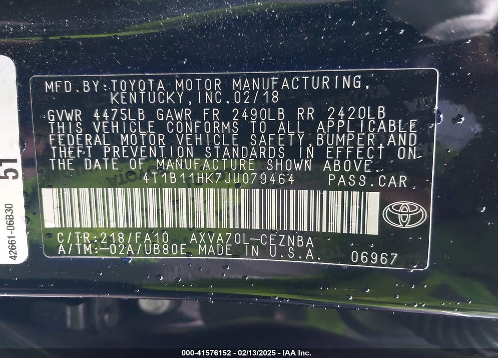 2018 TOYOTA CAMRY LE VIN: 4T1B11HK7JU079464