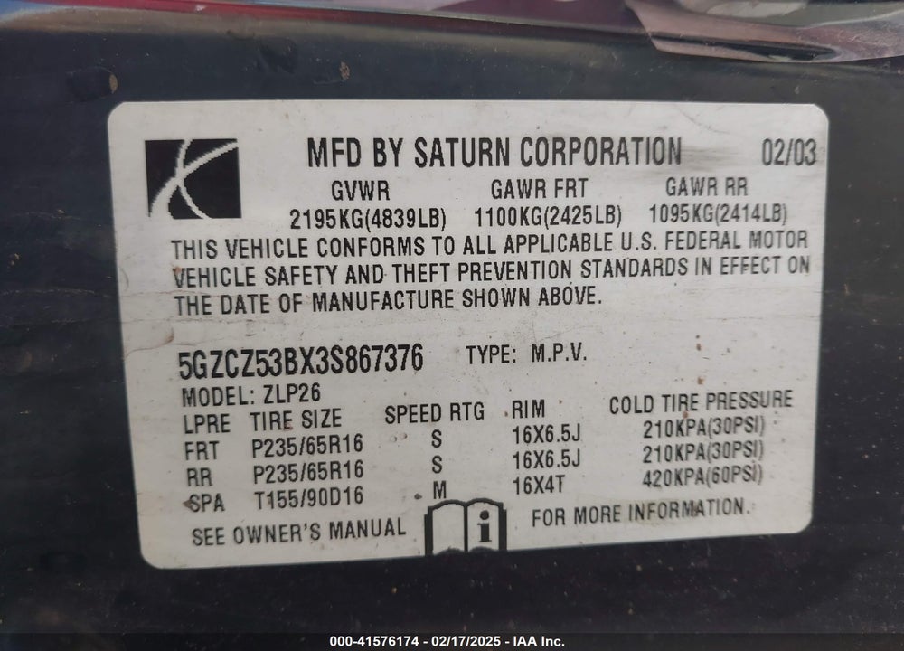 2003 SATURN VUE V6 VIN: 5GZCZ53BX3S867376