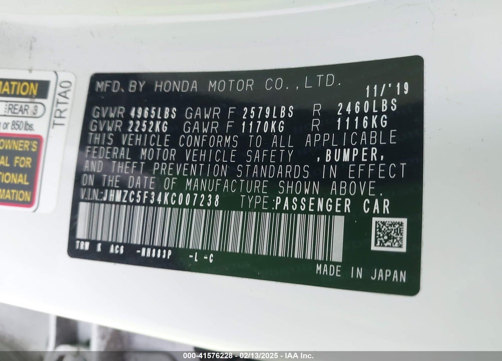 2019 HONDA CLARITY PLUG-IN HYBRID VIN: JHMZC5F34KC007238