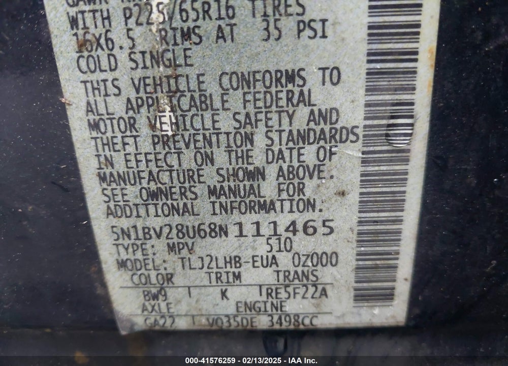 2008 NISSAN QUEST 3.5 S VIN: 5N1BV28U68N111465