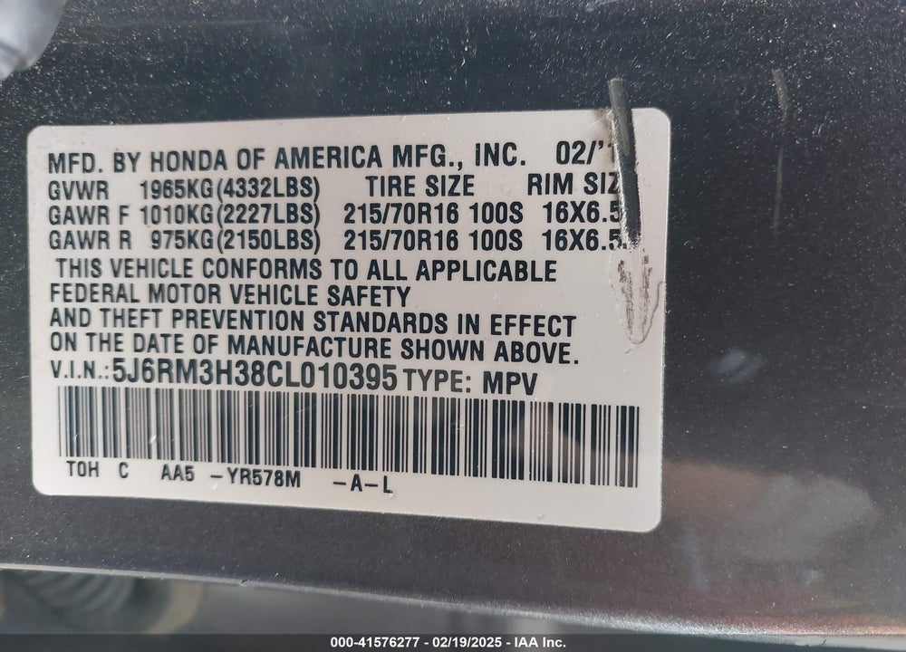 2012 HONDA CR-V LX VIN: 5J6RM3H38CL010395