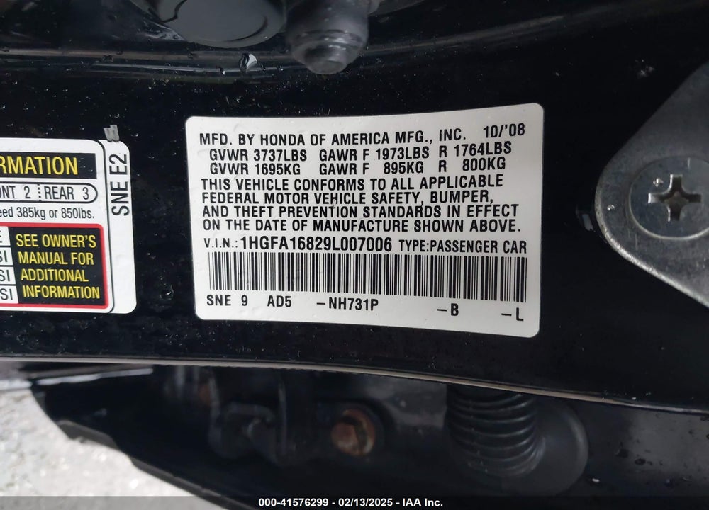 2009 HONDA CIVIC EX VIN: 1HGFA16829L007006