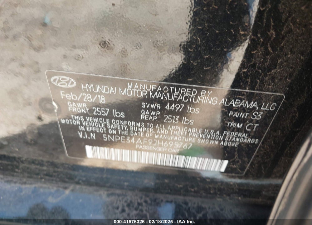 2018 HYUNDAI SONATA VIN: 5NPE34AF9JH695767