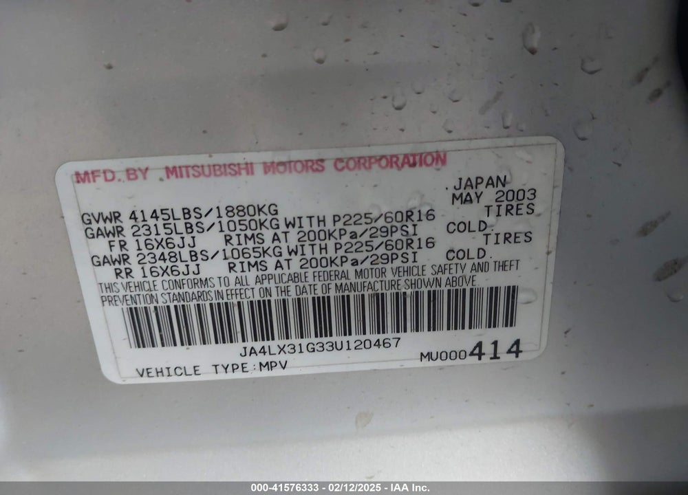 2003 MITSUBISHI OUTLANDER LS VIN: JA4LX31G33U120467