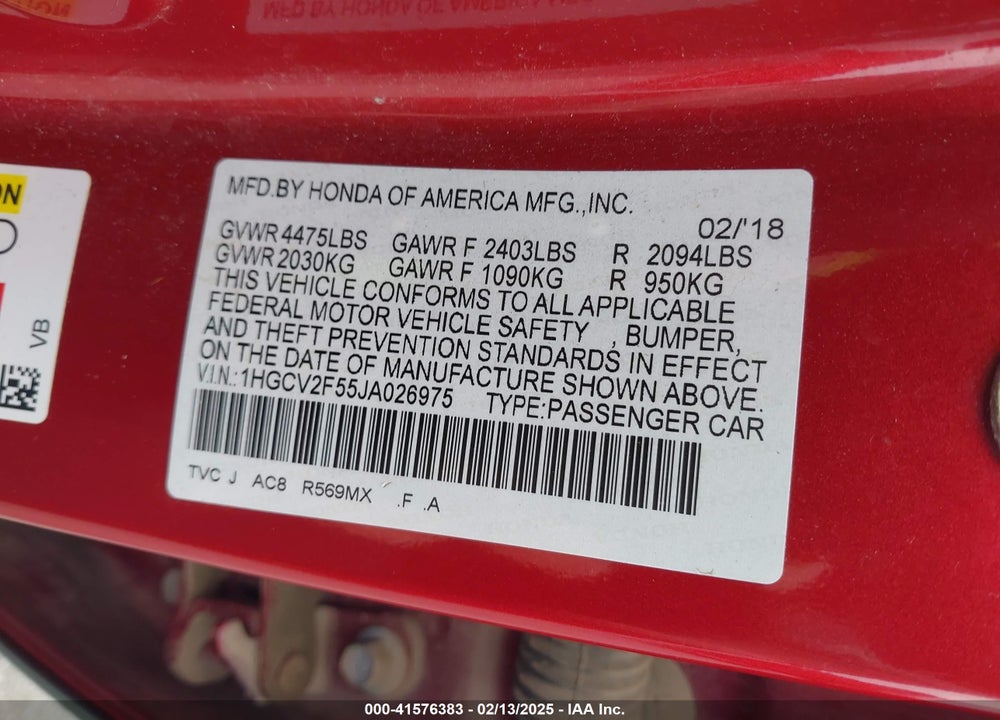 2018 HONDA ACCORD VIN: 1HGCV2F55JA026975