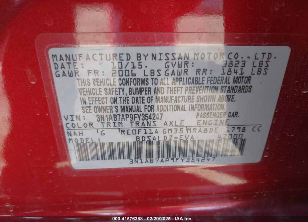 2015 NISSAN SENTRA VIN: 3N1AB7AP9FY354247