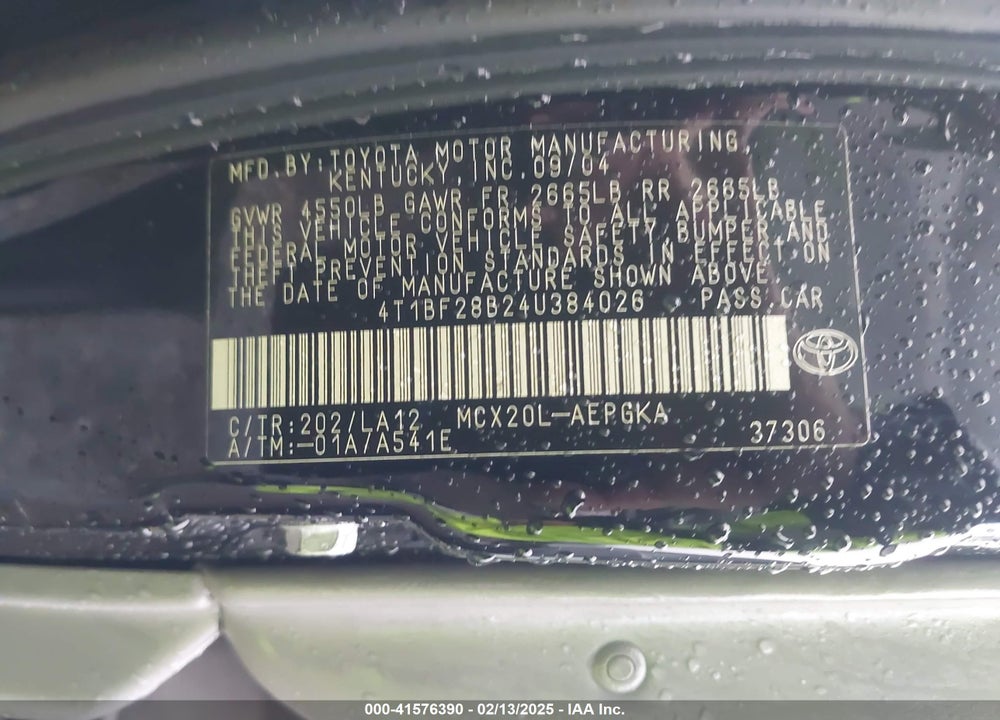 2004 TOYOTA AVALON VIN: 4T1BF28B24U384026