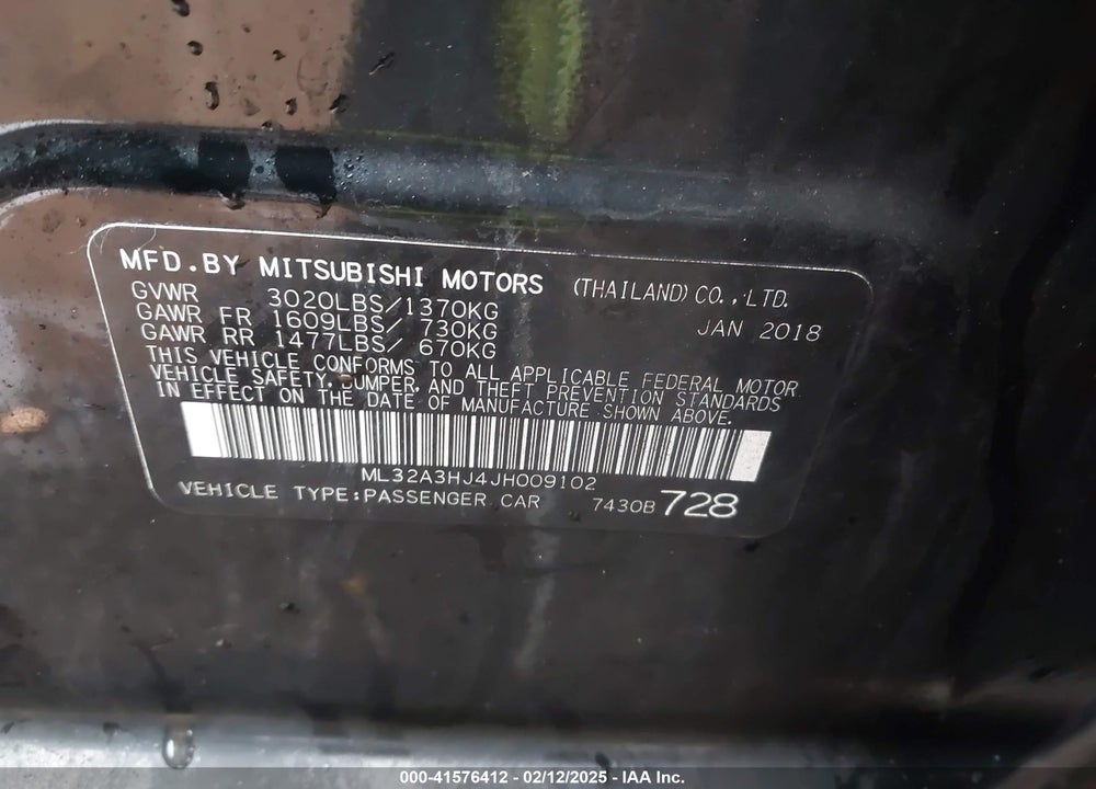 2018 MITSUBISHI MIRAGE VIN: ML32A3HJ4JH009102