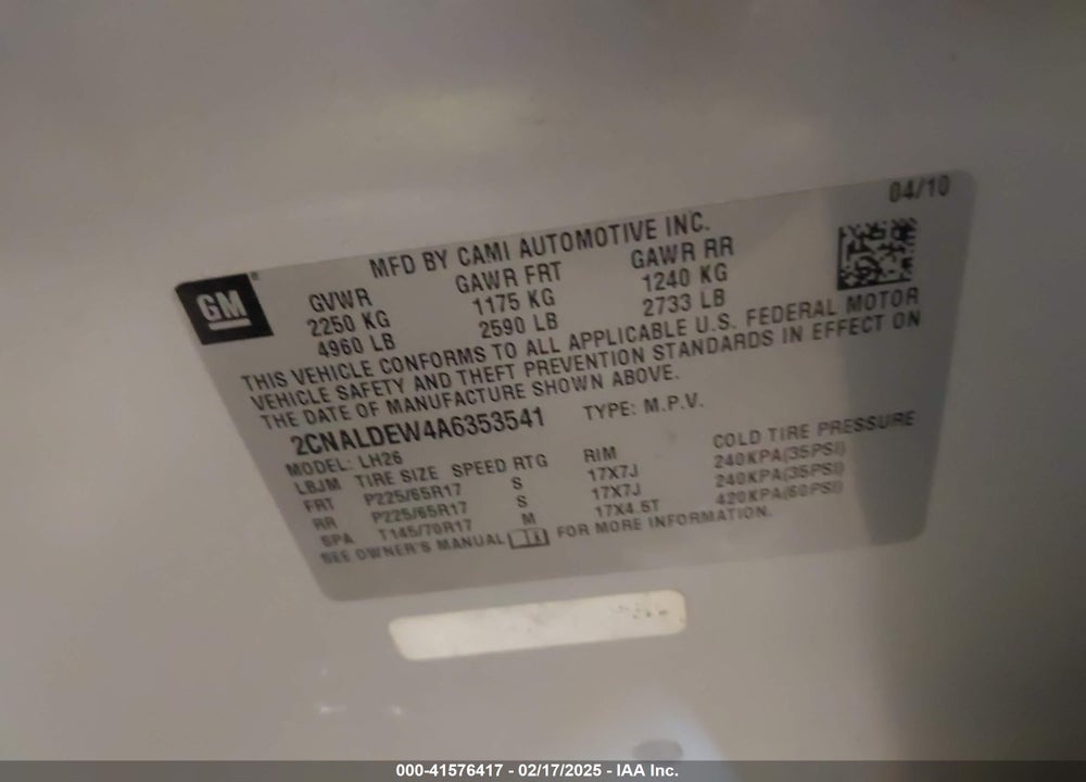 2010 CHEVROLET EQUINOX LT VIN: 2CNALDEW4A6353541