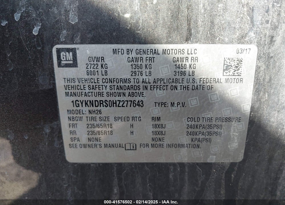 2017 CADILLAC XT5 VIN: 1GYKNDRS0HZ277643