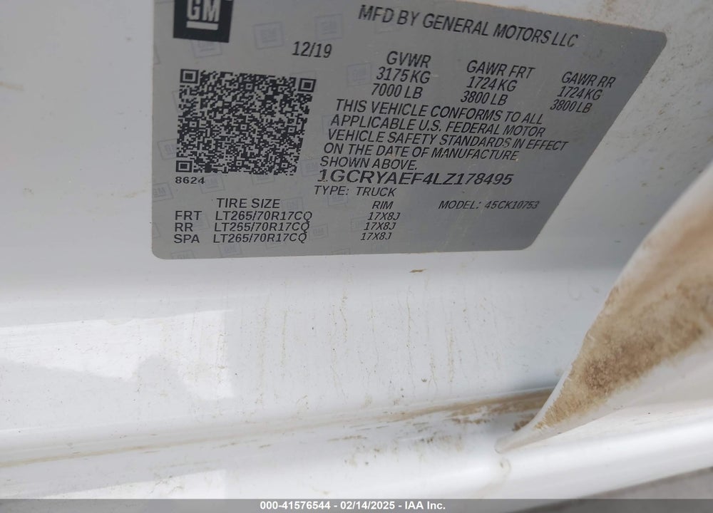 2020 CHEVROLET SILVERADO VIN: 1GCRYAEF4LZ178495