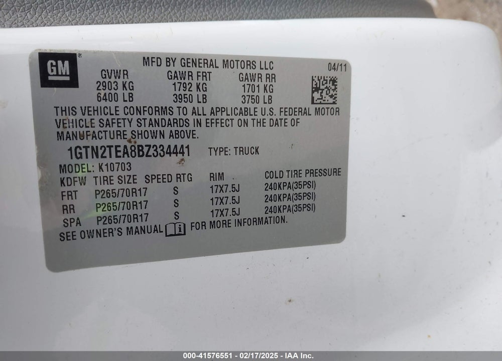 2011 GMC SIERRA 1500 WORK TRUCK VIN: 1GTN2TEA8BZ334441