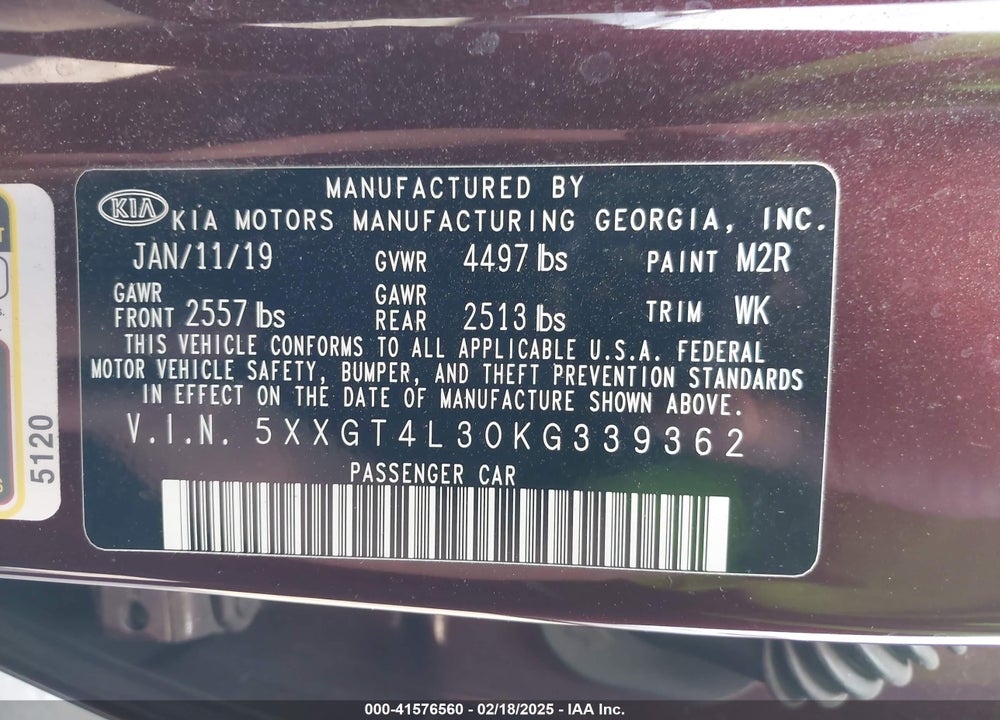 2019 KIA OPTIMA VIN: 5XXGT4L30KG339362
