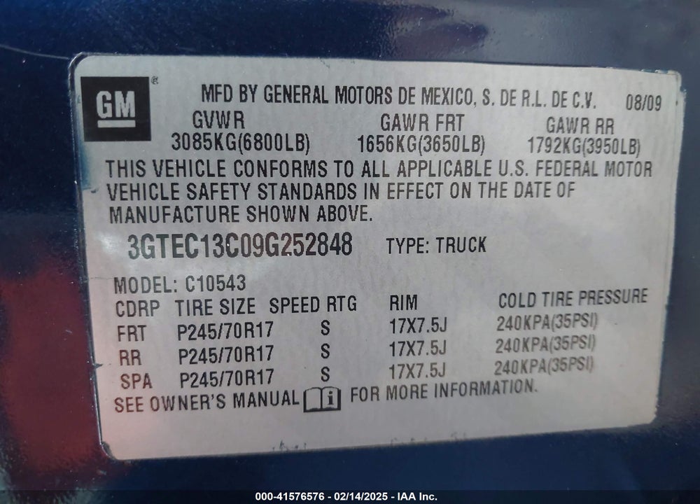 2009 GMC SIERRA 1500 SL VIN: 3GTEC13C09G252848