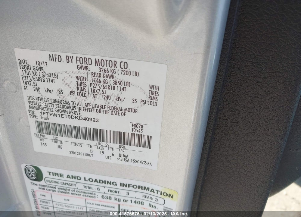 2013 FORD F150 VIN: 1FTFW1ET9DKD40923