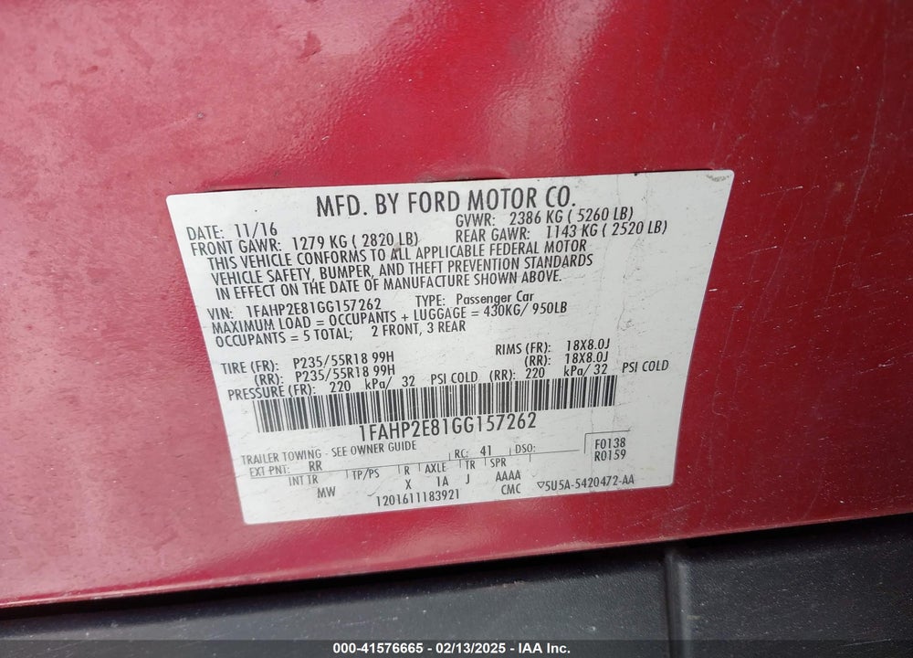 2016 FORD TAURUS VIN: 1FAHP2E81GG157262