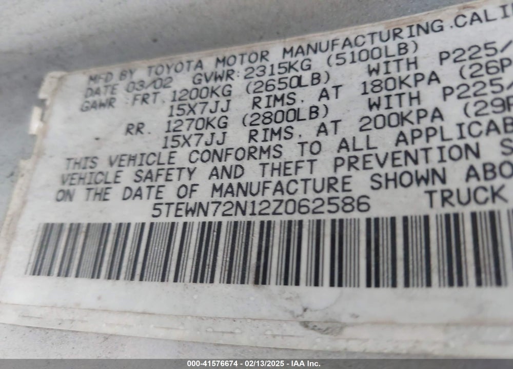 2002 TOYOTA TACOMA BASE V6 VIN: 5TEWN72N12Z062586