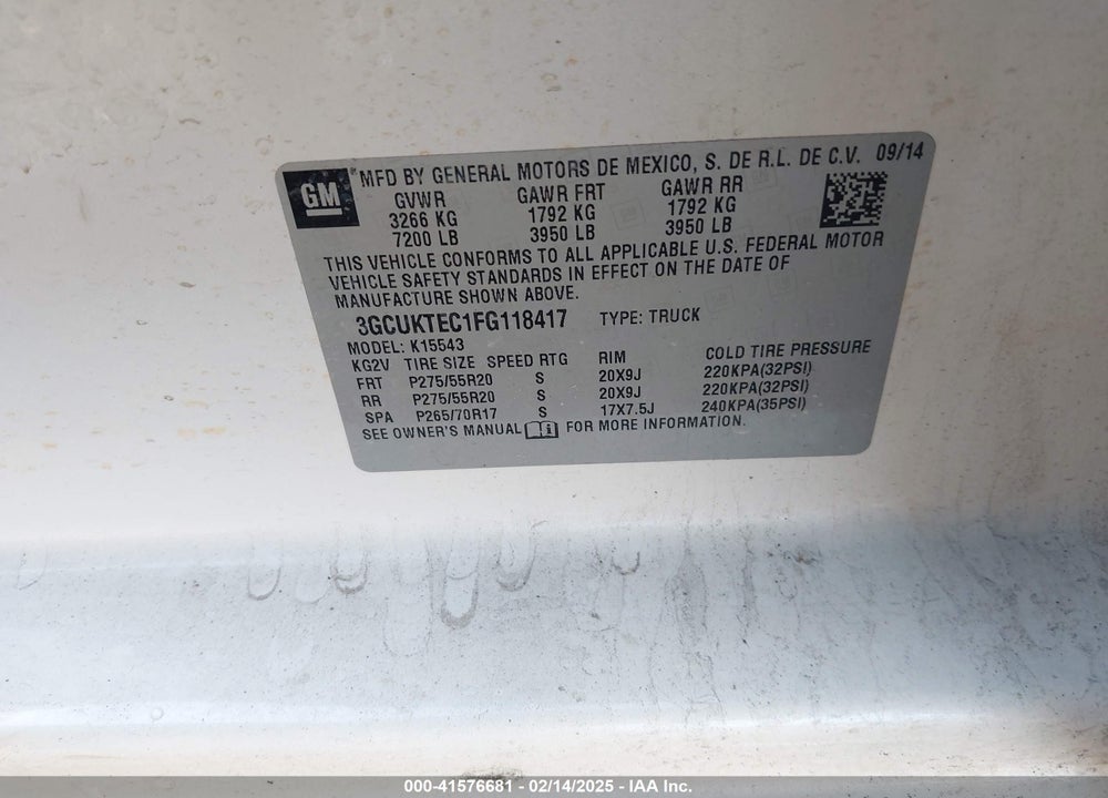 2015 CHEVROLET SILVERADO 1500 VIN: 3GCUKTEC1FG118417