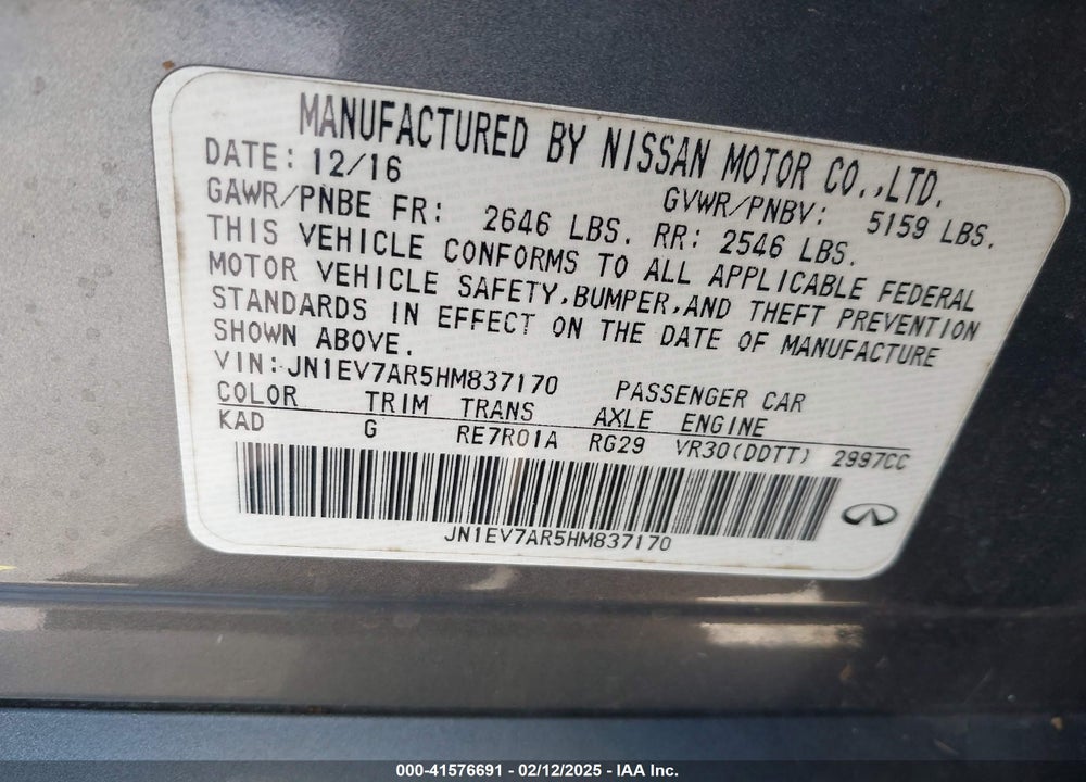 2017 INFINITI Q50 3.0T SIGNATURE EDITION VIN: JN1EV7AR5HM837170
