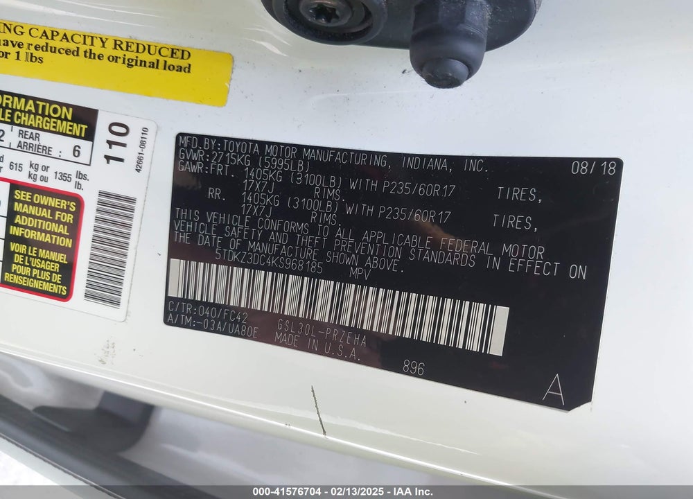 2019 TOYOTA SIENNA LE 8 PASSENGER VIN: 5TDKZ3DC4KS968185