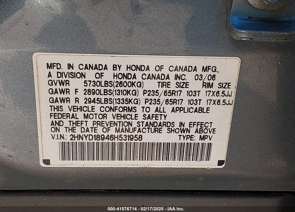 2006 ACURA MDX VIN: 2HNYD18946H531958