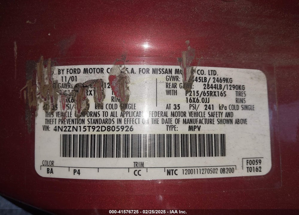2002 NISSAN QUEST VIN: 4N2ZN15T92D805926